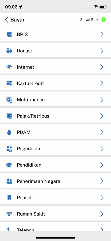 Interfaz de la aplicación DIGI by bank bjb que muestra una lista de categorías de pago de facturas, incluyendo servicios públicos, educación e impuestos