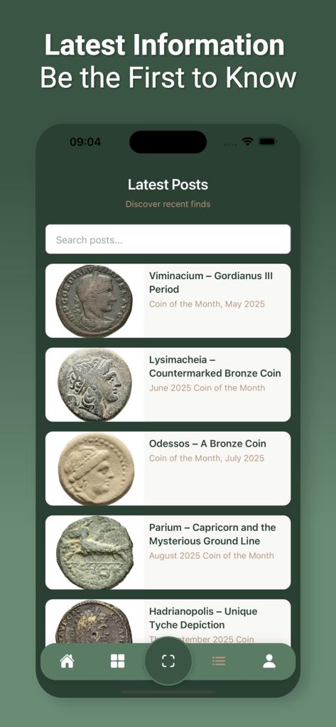 Treasure Hunter X - Treasure Hunter X app interface showing a feed of latest historical coin discoveries with descriptions and images
