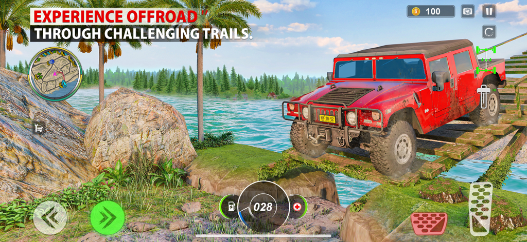 Offroad King Car Driving Game - A red 4x4 SUV driving across a narrow wooden bridge in the Offroad King Car Driving Game.