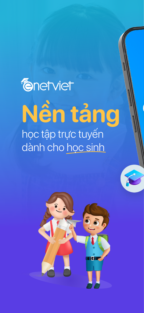 eNetViet Học sinh - eNetViet Hoc sinh online learning platform splash screen featuring cartoon students and school icons