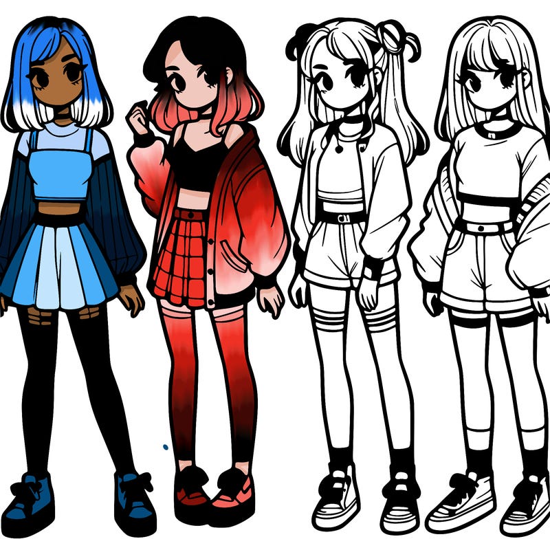 one girl with crop-top shirt and a jacket with a skirt, long socks and another girl with a shirt and pants with a jacket