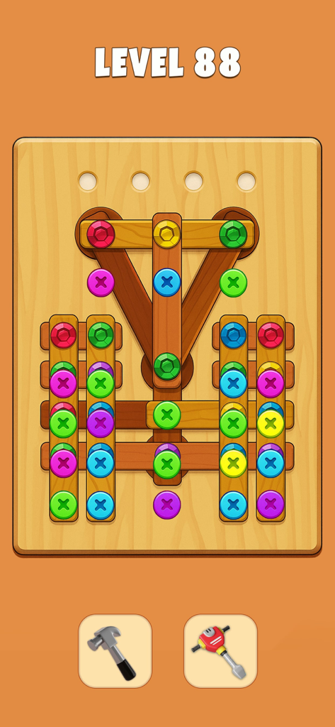 Nuts & Bolts Screw Jam Game - Gameplay of Nuts and Bolts Screw Jam logic puzzle showing Level 88 with colorful screws and wooden planks on a board.