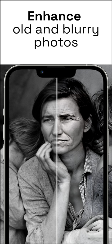 Before and after comparison of an old blurry photo restored with AI enhancement