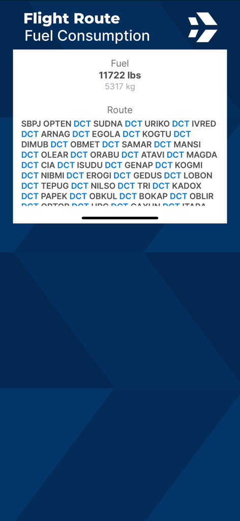 Interfaccia che mostra il consumo di carburante calcolato in libbre e chilogrammi per una specifica rotta di volo