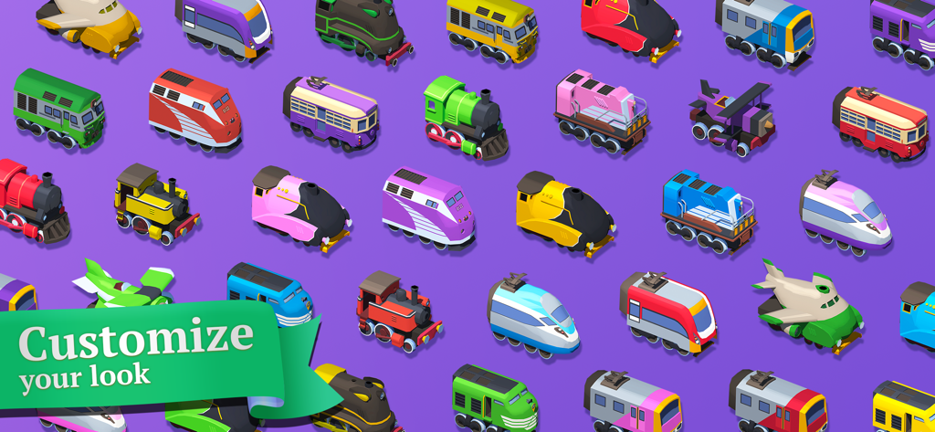 Train Conductor World - A grid of diverse colorful trains showing customization options in Train Conductor World
