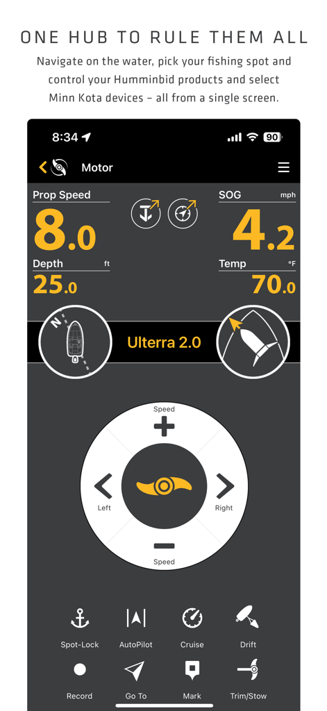 Digital remote dashboard in the One-Boat Network app showing trolling motor controls and real-time boat telemetry like speed and depth