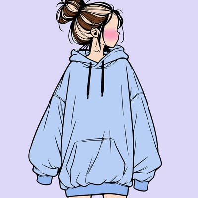 realistic girl with a oversized sweatshirt on and a bun