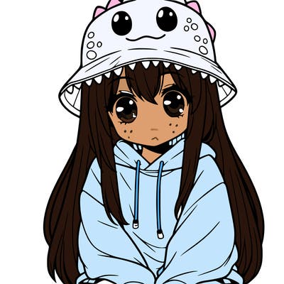 girl with anime shaped eyes with a dinosaur bucket hat oversized sweatshirt long straight hair