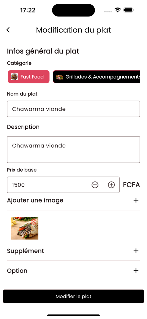 MAC Eats Restaurant - Mobile Benutzeroberfläche für Restaurantbesitzer zur Bearbeitung eines Menüpunkts, einschließlich Gerichtenamen, Kategorie, Beschreibung und Preis