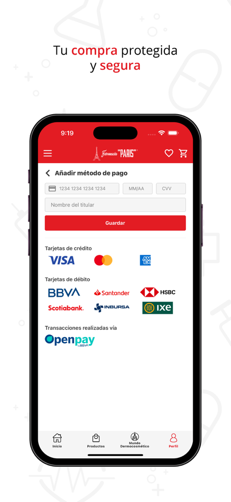 Interface de l'application Farmacia Paris montrant l'écran d'ajout de méthode de paiement avec des icônes de transaction sécurisée pour les cartes de crédit et de débit