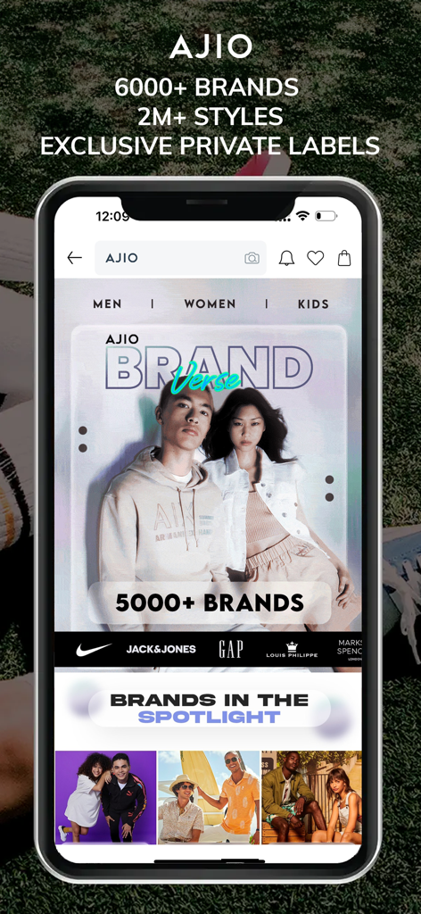 AJIO mobile app interface showcasing a wide range of fashion brands and styles