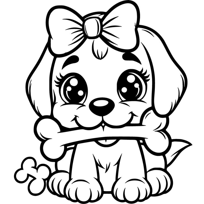 puppy with bone in her mouth wearing a pink bow