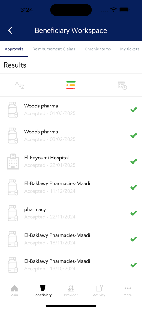 MedRight for Medical Services - List of accepted medical service approvals in the MedRight app workspace.