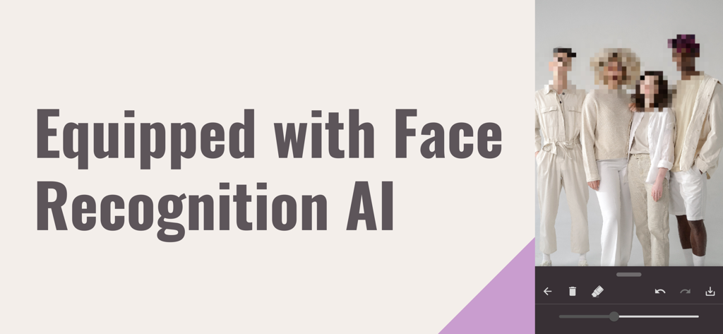 Grupo de cuatro personas con rostros pixelados demostrando la función de reconocimiento facial IA en el editor de fotos.