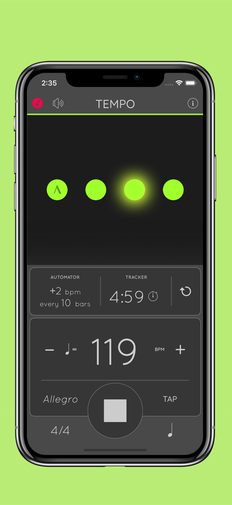 Metronome: Tempo Lite - Metronome Tempo Lite app interface displaying 119 BPM and practice duration on a smartphone screen.