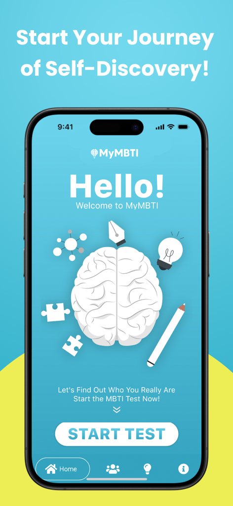 MyMBTI - Personality Test - The home screen of the MyMBTI app featuring a brain illustration and a start test button for self-discovery.