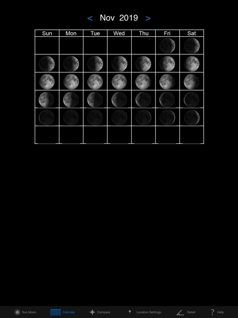 Sun n Moon for iPad - Monthly moon phase calendar view for November 2019 in the Sun n Moon iPad app