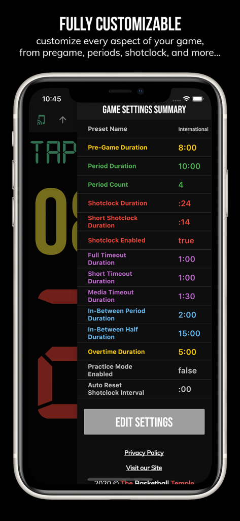 BT Basketball Shotclock - Game settings summary screen for BT Basketball Shotclock showing customizable game rules and durations