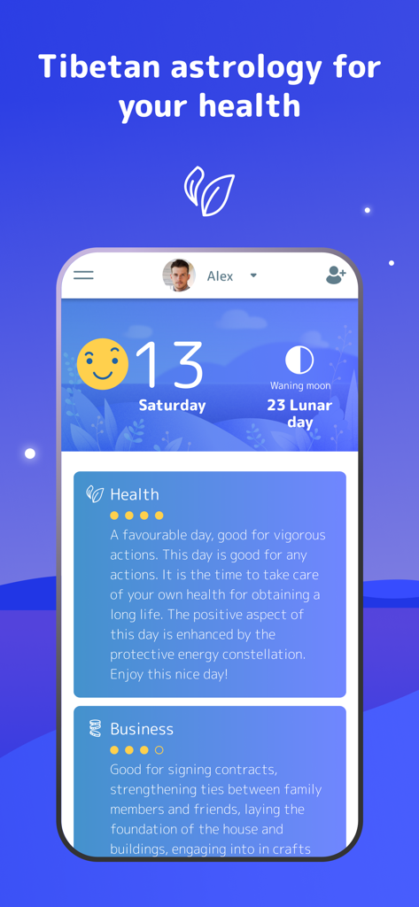 Smartphone screen showing Tibetan health and business horoscopes with daily lunar cycle details