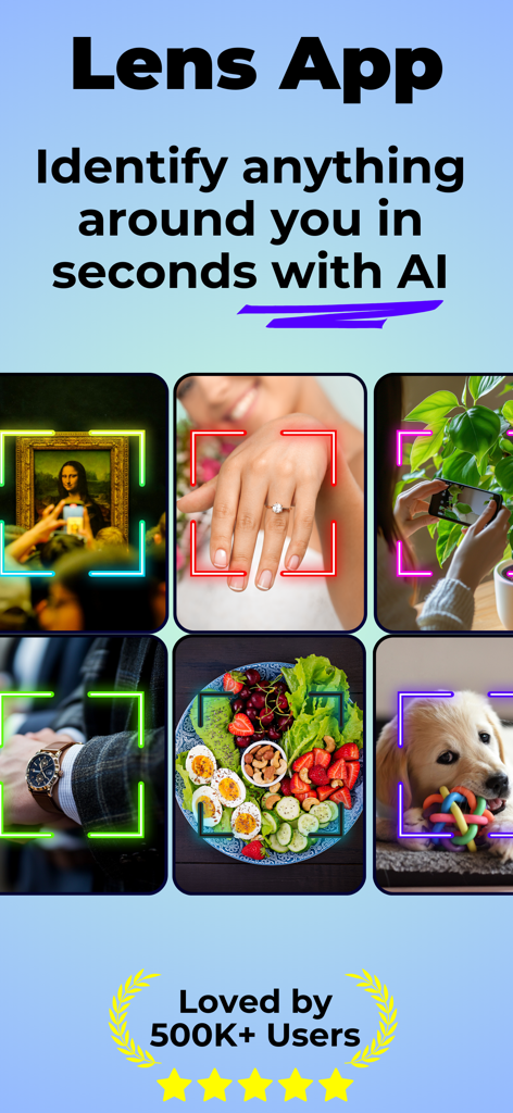 Lens App-Oberfläche mit KI-Identifizierung von Schmuck, Pflanzen, Uhren, Lebensmitteln und Haustieren