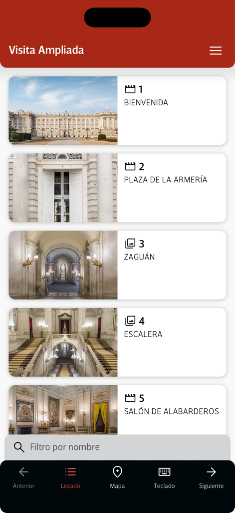 Palacio Real de Madrid - Interface officielle de l'application Palais Royal de Madrid montrant une liste de lieux de visite avec photos