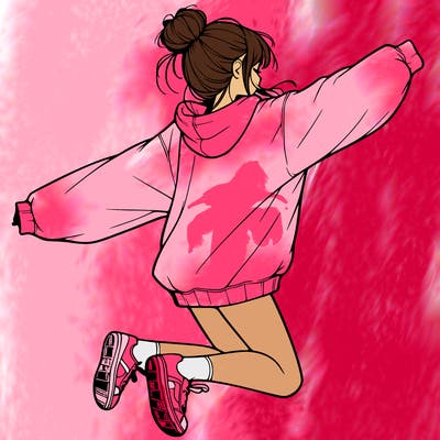 realistic girl jumping with a bun and oversized sweatshirt