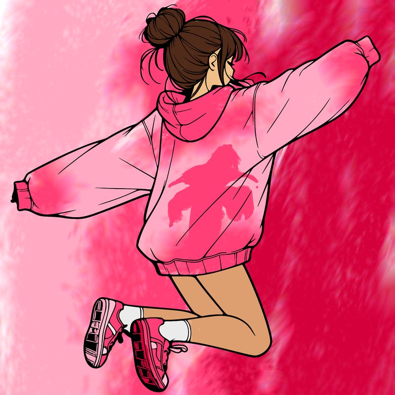 realistic girl jumping with a bun and oversized sweatshirt