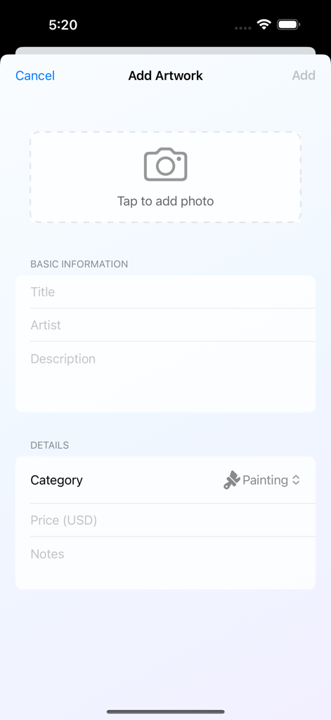 Art Collection Inventory - Add Artwork screen showing fields for photo upload, title, artist, description, price, and category