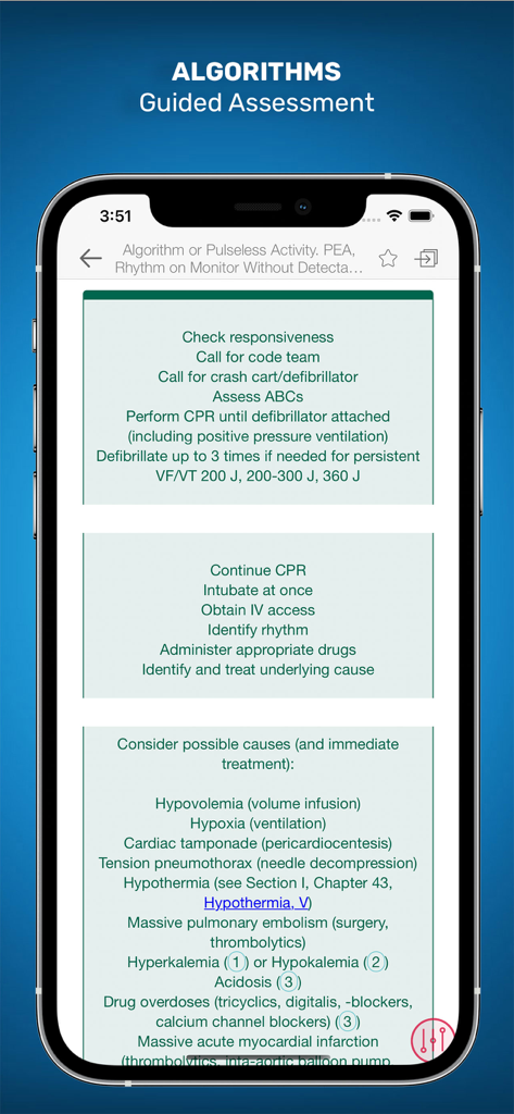 Internal Medicine On Call app interface showing a guided clinical assessment algorithm for medical emergencies.