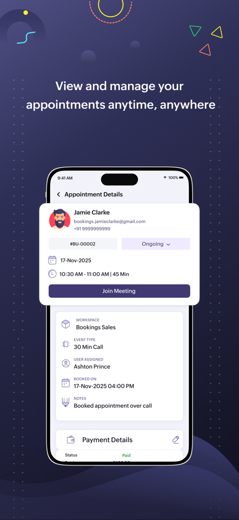 Zoho Bookings - Zoho Bookings mobile app interface showing detailed appointment information for a scheduled meeting