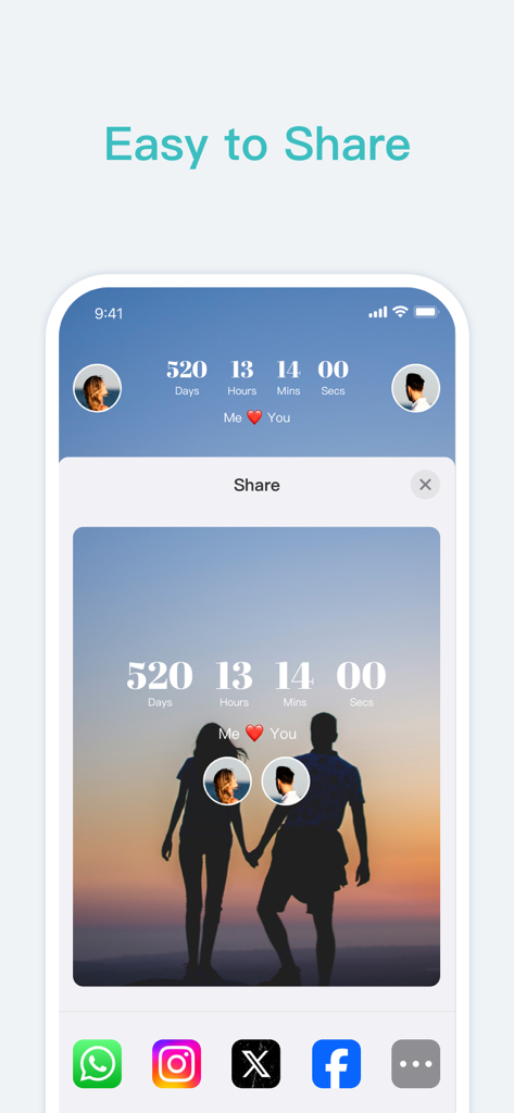 Love Widget - Couple Countdown - Love Widget share screen featuring a couple silhouette at sunset and 520 days together milestone.