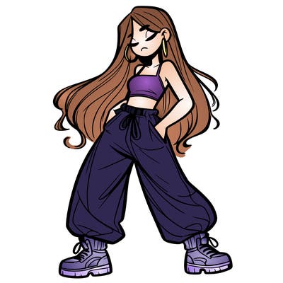 girl in baggy pants crop top and long hair