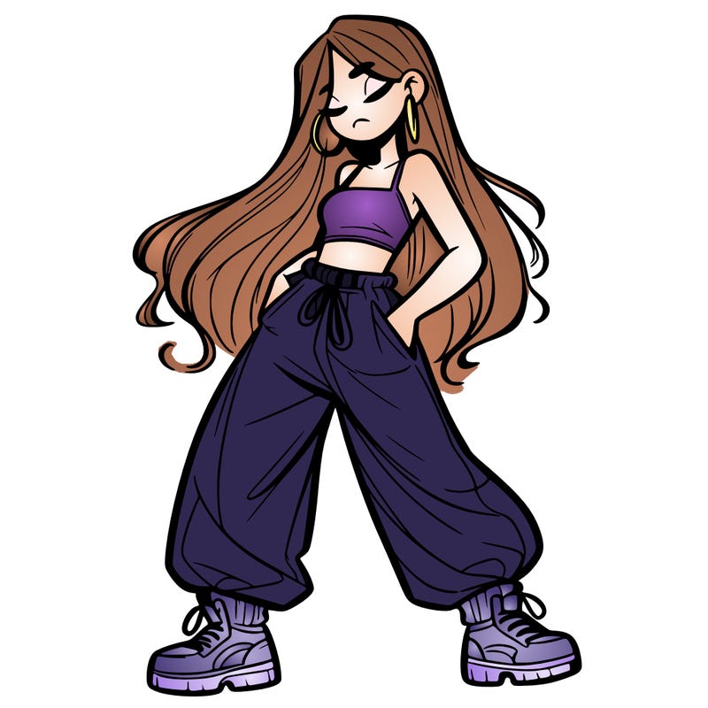 girl in baggy pants crop top and long hair