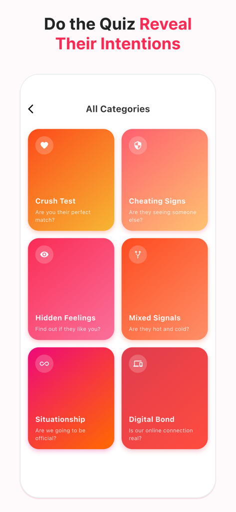 Mobile app interface showing relationship quiz categories like Crush Test, Mixed Signals, and Situationship.