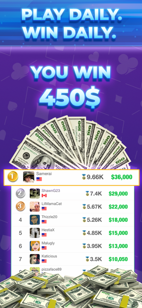 Solitaire Sprint app screenshot showing a daily win leaderboard with cash prizes