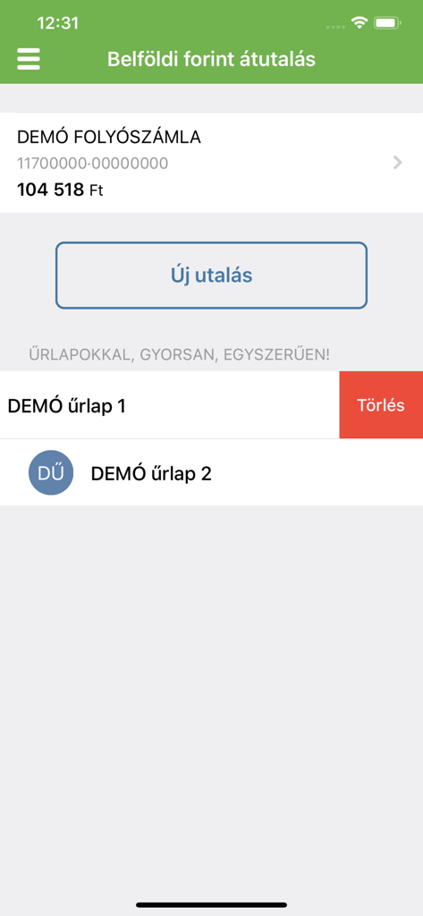 OTP SmartBank - OTP SmartBank app screen for domestic Forint transfers showing account balance and saved templates