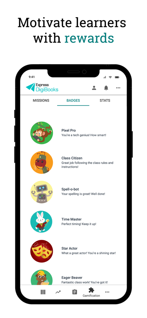 Express DigiBooks app screen displaying earned badges such as Pixel Pro and Spell-o-bot to motivate learners.