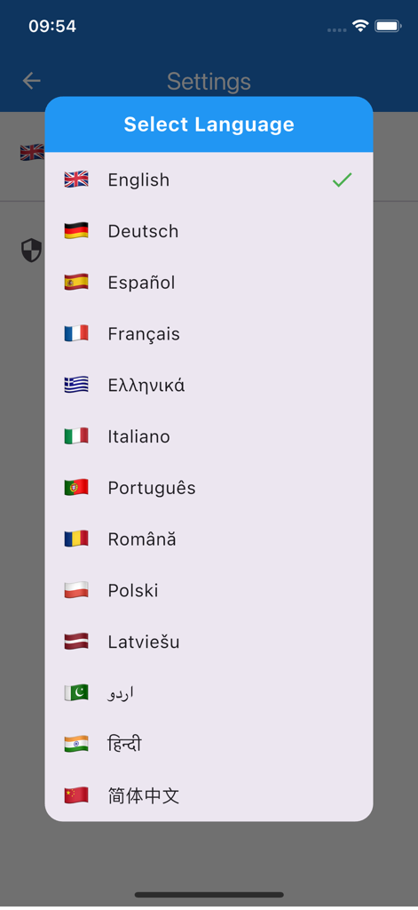 Pantalla de selección de idioma en la aplicación de prueba de caminata de 6 minutos que muestra una lista de varios idiomas con iconos de bandera