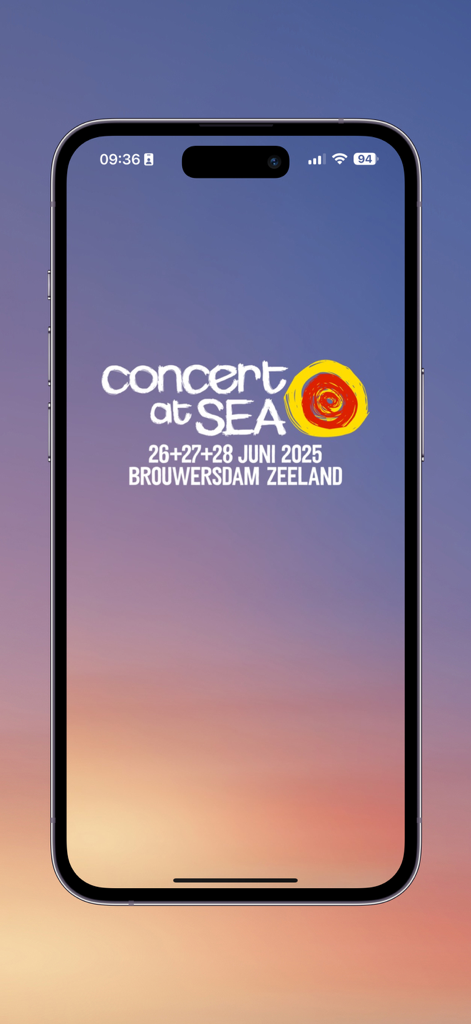 Concert at SEA 2025 - Concert at SEA 2025 mobile app splash screen showing the festival logo and event dates for Brouwersdam Zeeland.
