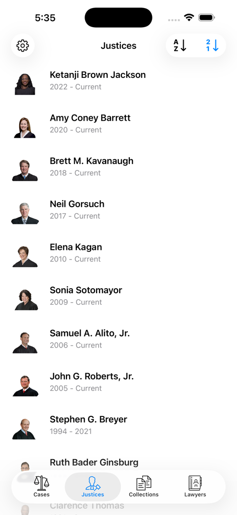 OYEZ - A list of US Supreme Court Justices with their photos and service dates in the Oyez mobile app