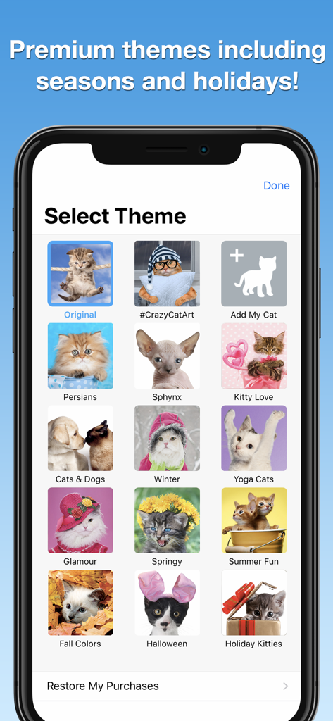 Weather Kitty: Weather + Radar - A screenshot of the Weather Kitty app theme selection screen featuring various cat themes such as seasonal styles and breeds