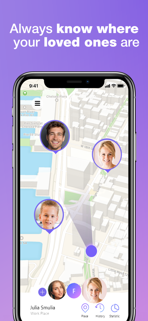 My Family: Find Friends Phone - My Family app showing real-time locations of family members on a city map interface.