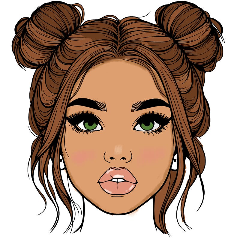 realistic girl with two buns on her hair and lips