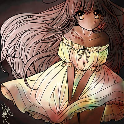 manga girl with long flowing hair and a dress that is pushed down