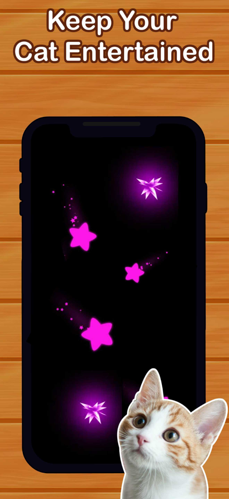A smartphone showing a game for cats with glowing pink stars and an orange and white cat.