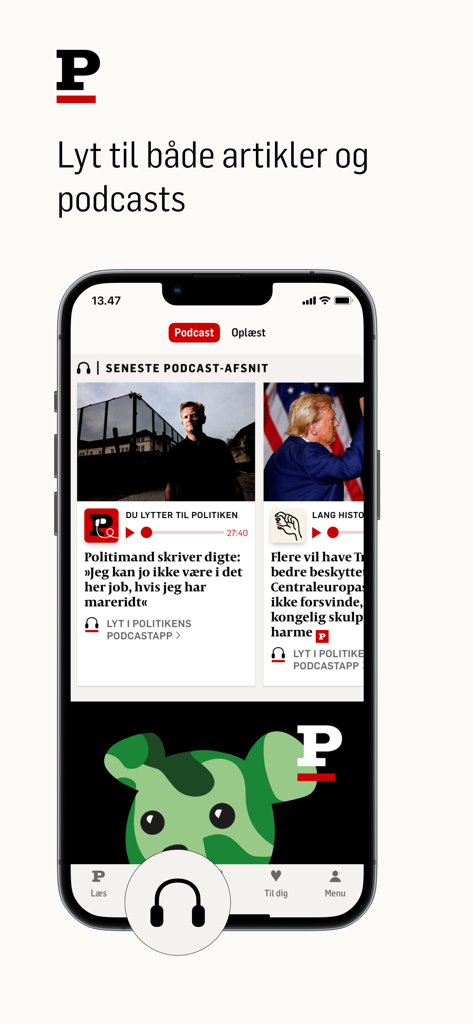 Politiken - ポッドキャストとオーディオ記事のリストを表示するPolitikenモバイルアプリのインターフェース。