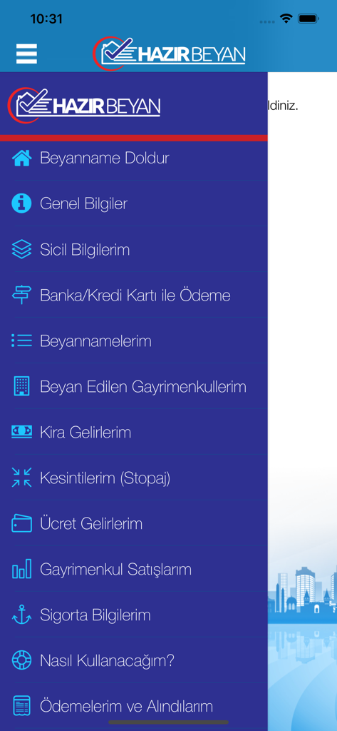 Hazır Beyan - Sidebar navigation menu of the Hazir Beyan mobile app showing various Turkish tax declaration options.