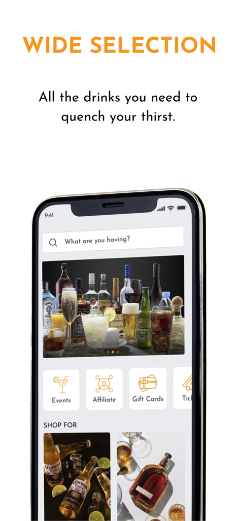 Distro mobile app screenshot showing a wide selection of alcoholic beverages and a search bar for easy ordering.