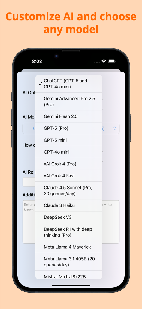 WorkGPT AI Copilot - WorkGPT interface showing a dropdown menu to choose between various AI models including GPT-5 Gemini and Claude