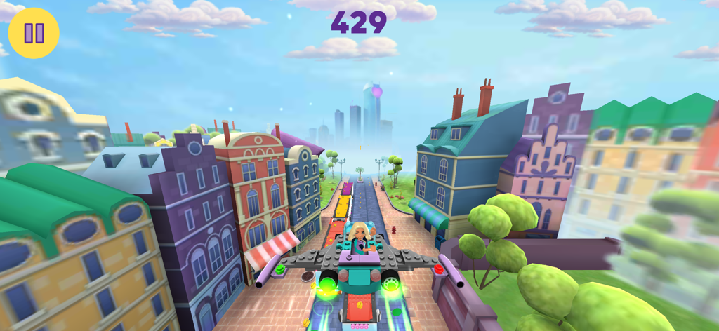 Character flying a LEGO jet over colorful buildings in Heartlake City